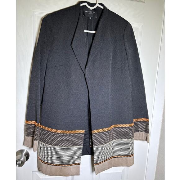 Lafayette 148 Black Coral Tweed Stripe Long Blazer Jacket Leather Trim Small - Picture 1 of 9